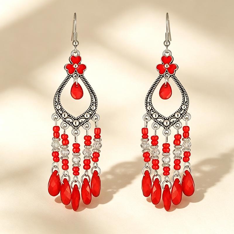Bohemian Crystal Tassel Earrings - Ethnic Style, Slim Face, Exaggerated Design for Travel
