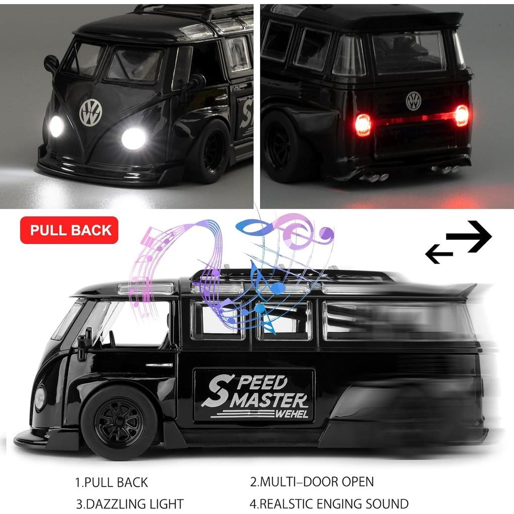 1/32 Scale VK Bus Transporter Model Car with Surfboards Convertible Camping Van, Zinc Alloy Pull Back Toy Car with Sound and Light for Kids Gift