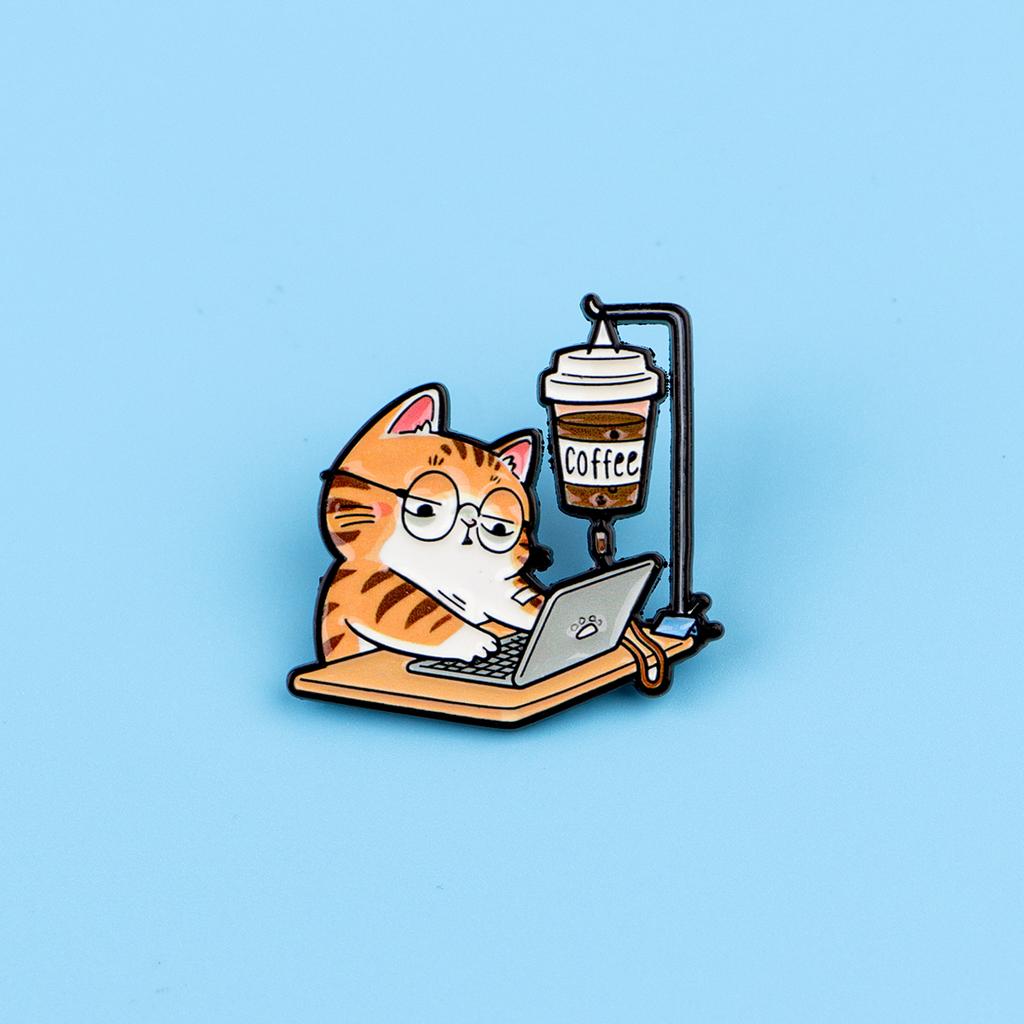 Cute Office Cat Enamel Pin Coffee Brooch Lapel Pins Badge On Backpack Clothing Accessories Fashion Jewelry Friends Gifts