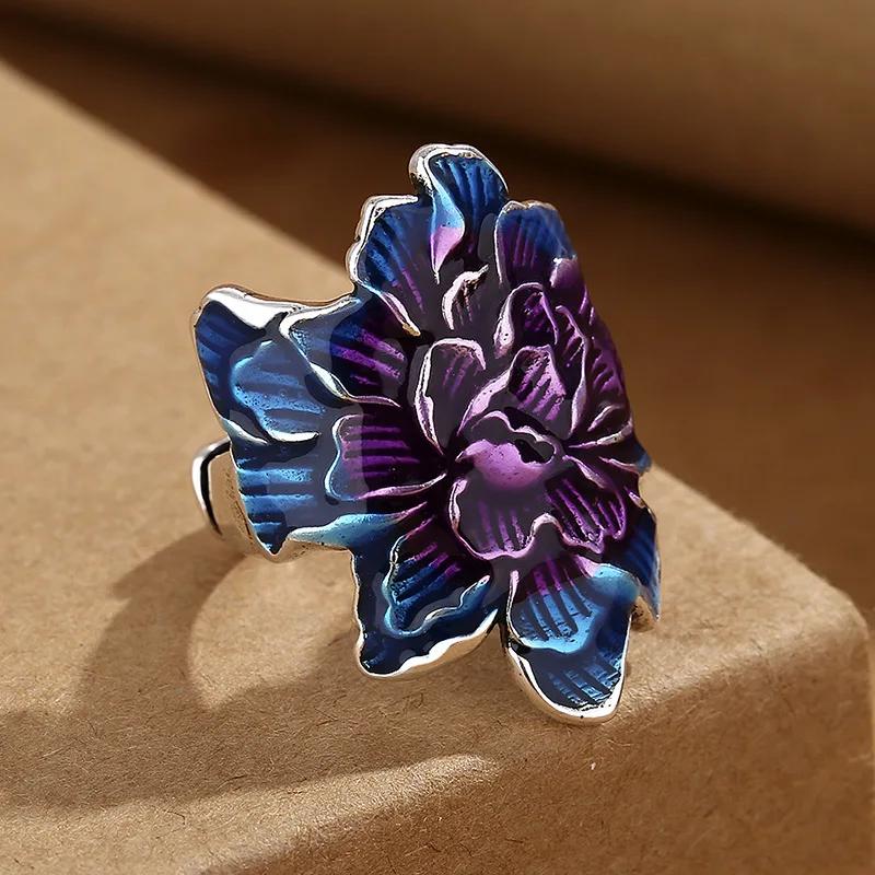 Vintage Ethnic Style Enamel Fired Blue Peony Flower Adjustable Ring for Women  Floral Luxury Party Vacation Jewelry Gifts