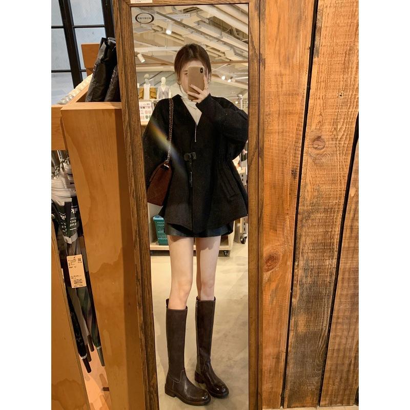 Bottes hautes de cheval en cuir de vachette lavé raisin pour maman, à bout rond, à talon épais, à semelle épaisse, rehaussantes