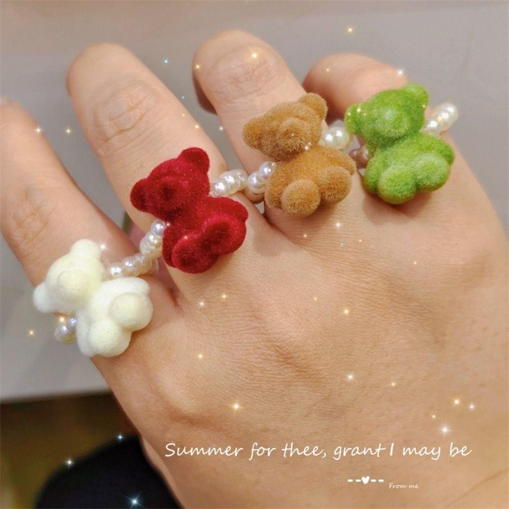 

Pile Coating Pearl Ring Elastic Bear Flocking Ring Fashion Bear Finger Ring Hipster