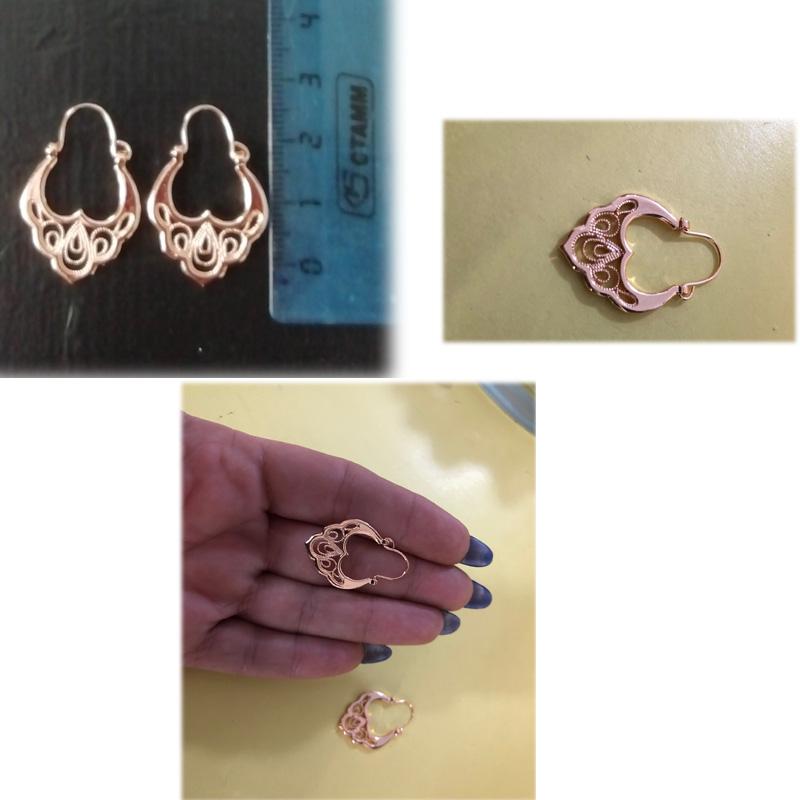 Women 585 Rose Gold Floral Pattern Drop Earrings 3cm Long
