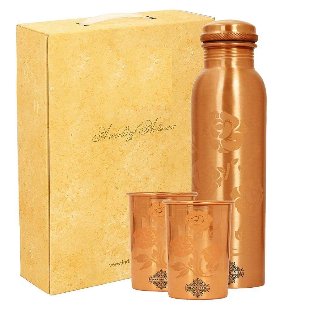 Pure Copper Drinkware Gift Set of Magical Colour Changing Design 1 Bottle & 2 Glass with Gift Box, Gift Item for Diwali,Bottle-1 Litre & Glass-300 Ml