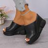 Fashion Fish Mouth Platform Wedge Sandals for Women Black PU Leather Thick Sole Slippers Woman Summer Slip-On Super High Heels Sandals