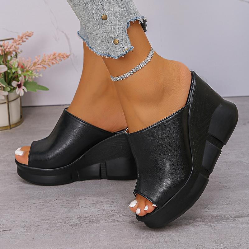 Fashion Fish Mouth Platform Wedge Sandals for Women Black PU Leather Thick Sole Slippers Woman Summer Slip-On Super High Heels Sandals