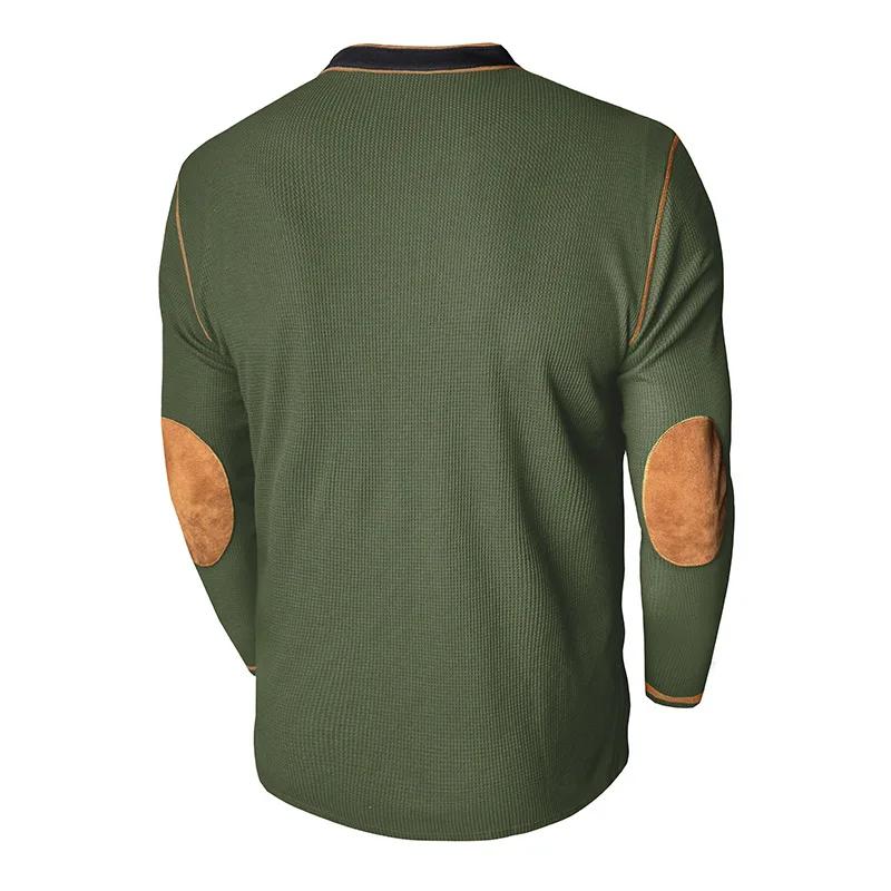 Men's Long Sleeve Stand Collar Henry Tshirt Casual Cotton Patchwork T-Shirt Autumn Winter Base Layer Shirt American Retro Tees