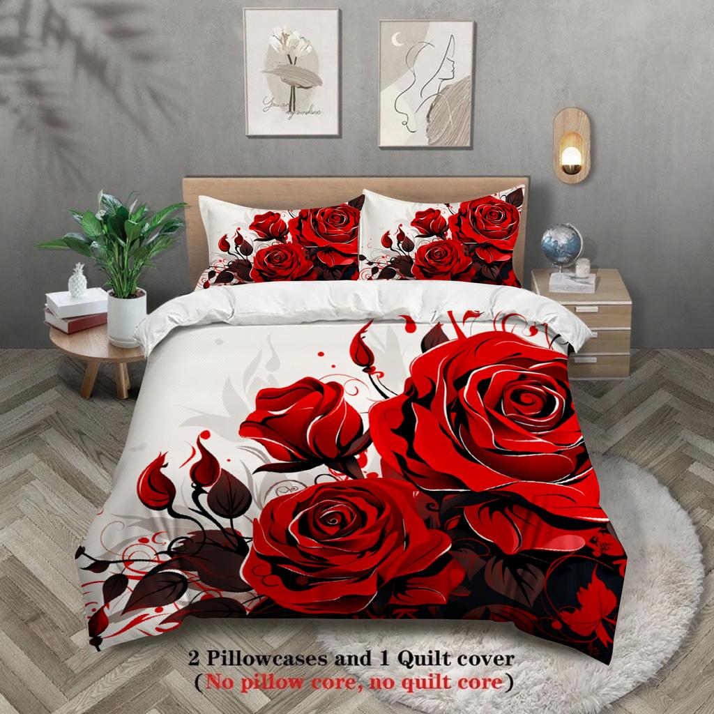 3pcs Rose Couples Bedding Sets 3D Printed Romantic King Full Size For Couples Gifts Duvet Cover With 2 Pillowcases Bedroom Decor