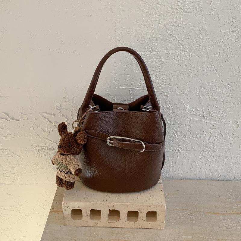 Litchi-pattern Handbag - Soft Leather Bucket Bag - Versatile Commuter Crossbody Bag