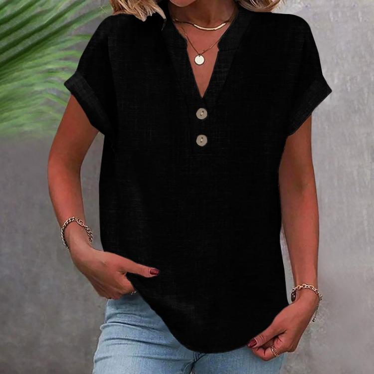 Women Casual V Neck Short Sleeve Button Down Shirt Solid Color T Shirt Top Fashion