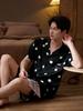 Men's Black Ice Silk Summer Pajama Set - Short-Sleeved Top with Shorts, Indoor/Outdoor Use, Luxurious Feel