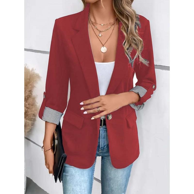 Womens Slim Fit Casual Blazer With Roll-Up 3/4 Sleeve Single Button Notched Lapel Solid Color Office Wear