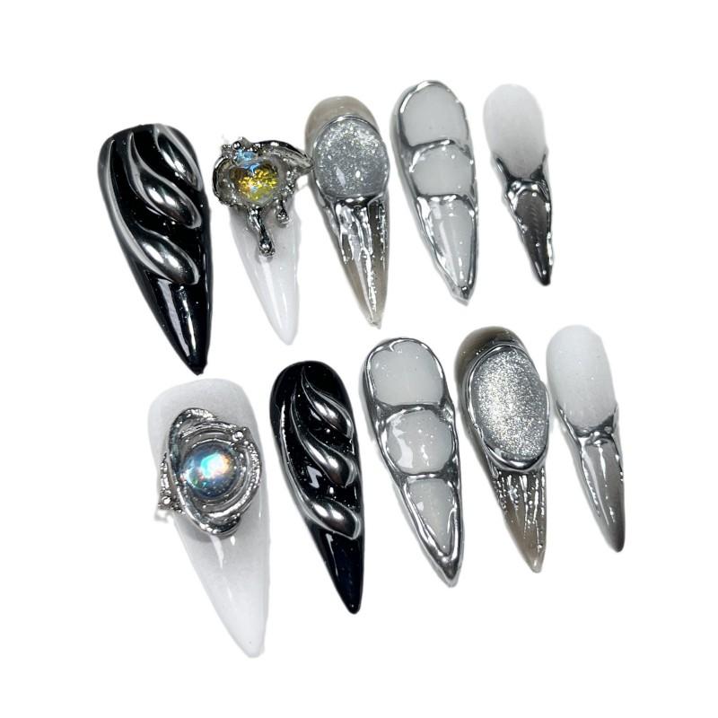 3D Embossed Nail Art Tips Long Pointed False Nails Sweet Punk Chic INS Style Wearable Press-On Women