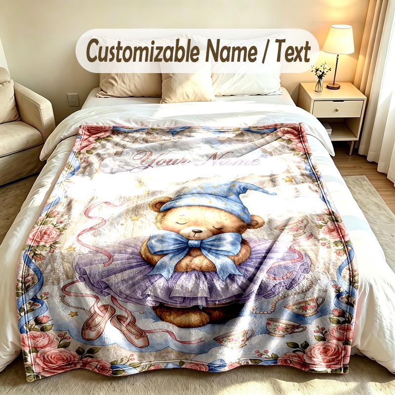 Teddy Bear Theme Custom Blanket Personalized Name & Text Customized Soft Warm Throw Blanket Home Decor