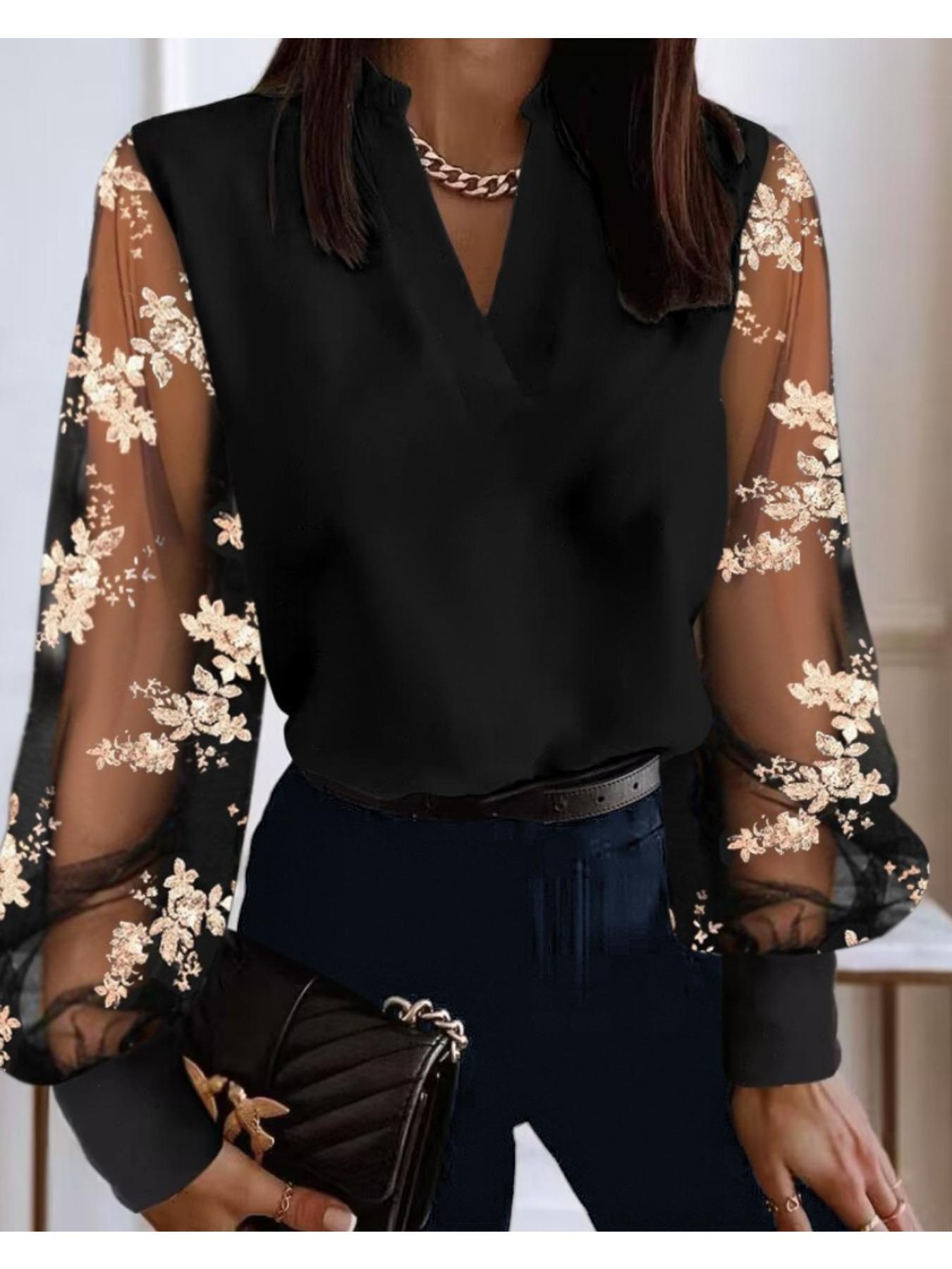 

V-образный вырез кружева сращивание рубашки с длинным рукавом женская футболка женская цветочная вышивка блузки повседневный топ S