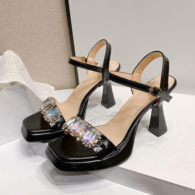 Thick heels with skirts, banquet shoes, fashionable women's high heels, summer 2025 new rhinestone strap sandals for women