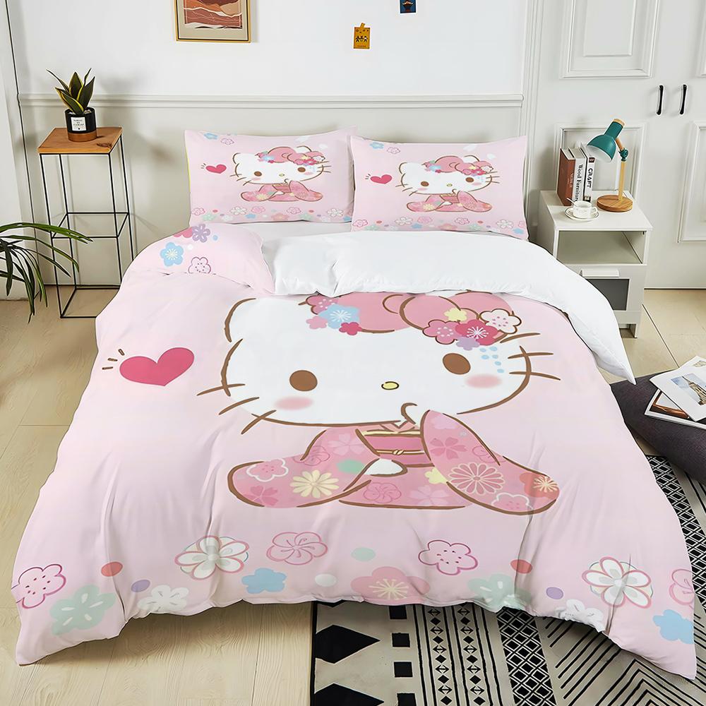 Cute Sanrio Friends Print Bedding Sets Hello Kitty Melody Cinnamoroll Bed Cover Duvet Cover Pillow Case 2-3 Pieces Sets