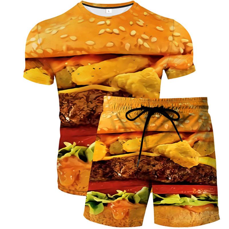 Nová Vtipná Mikina s 3D potiskem Hamburgeru Pánská Hip Hopová Trička s krátkým rukávem Šortky Sety Streetwear Sportovní oblečení Dětské Obleky Oblečení