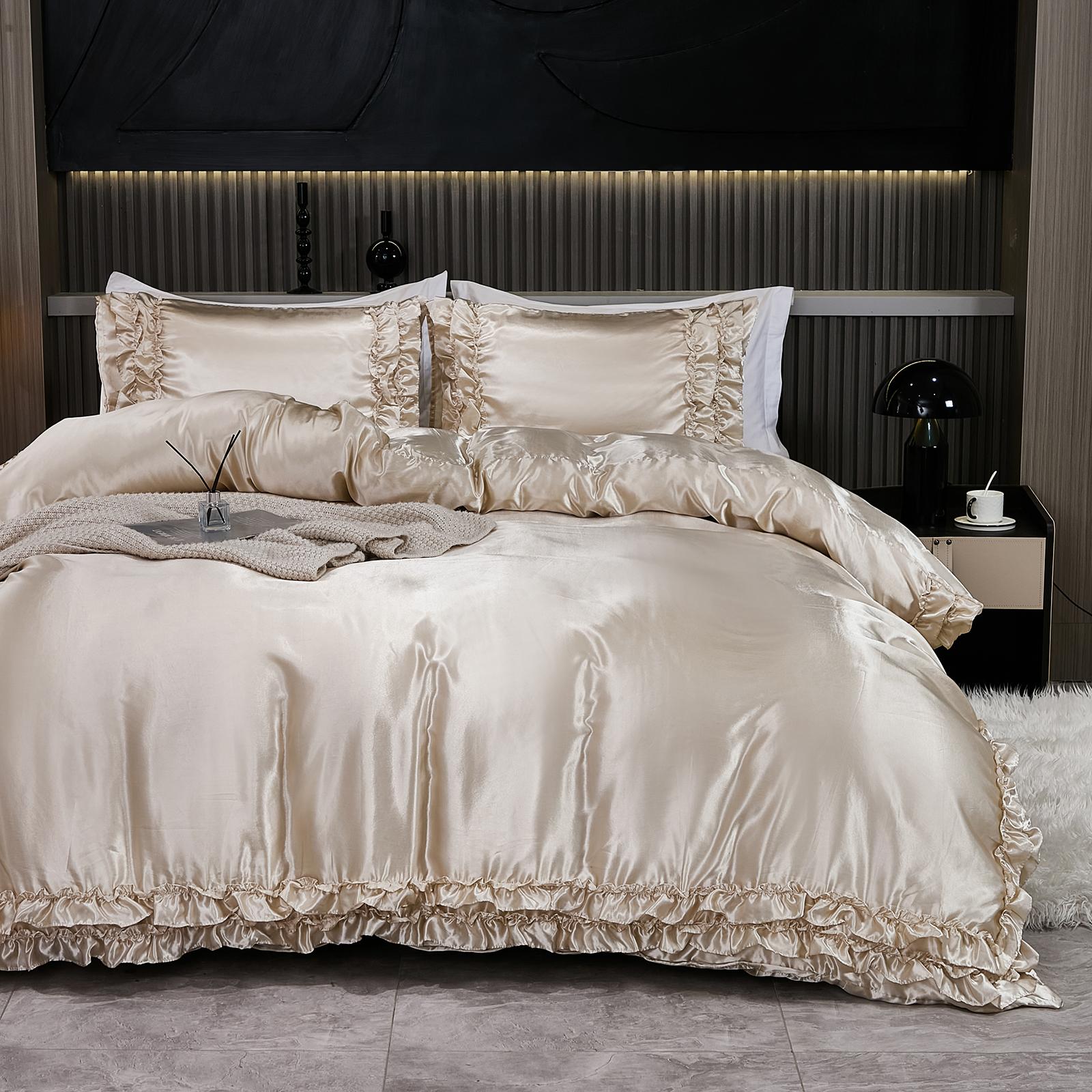 3-DELIG satijnen dekbedovertrekset Zijde Wit Kaki En Roze Beddengoed Dekbedovertrek Zijdeachtig Ruchespatroon Luxe Zijdeachtig Beddengoed Zacht 160x220cm-AR-Twin kaki