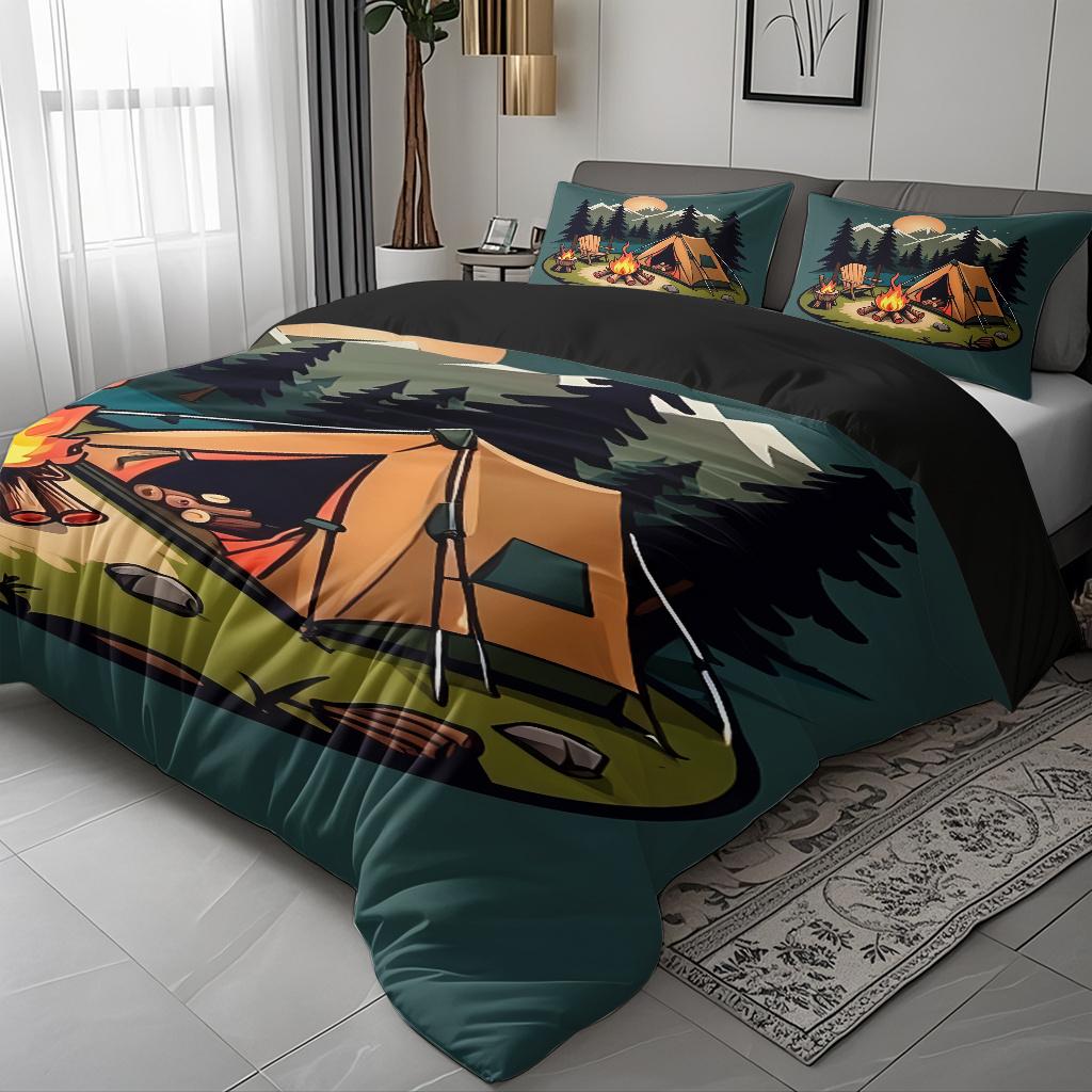 Cartoon Camping Tent Campfire Pattern Down Duvet Cover Set Fashionable Classic Popular Digital Printed Bedding Set HD Printing