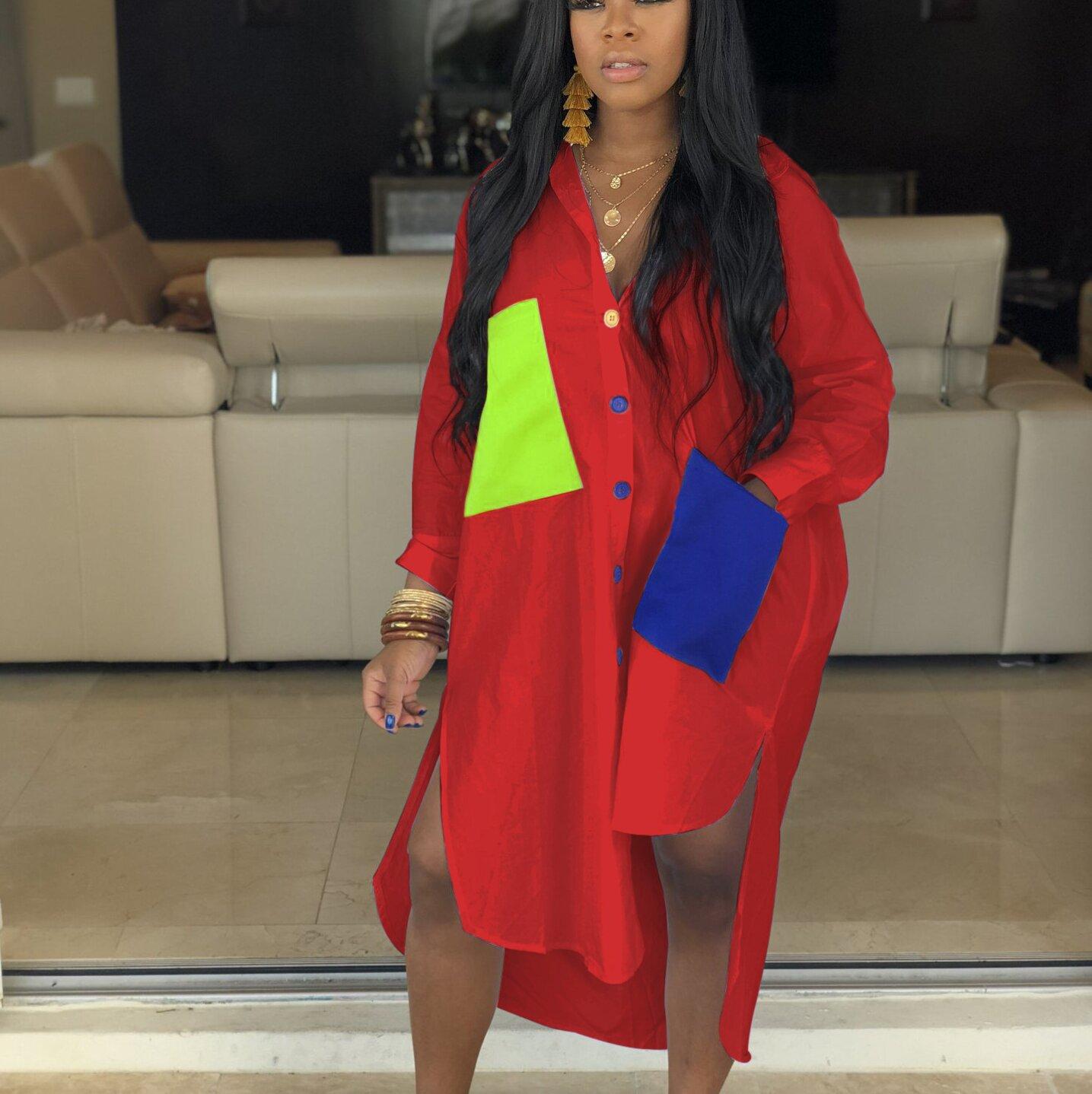 

Women s Plus Size Color Block Shirt Dress Casual Long Sleeve Patch Pocket High Low Hem Split Side Button Down Tunic Shirt Dress S красный