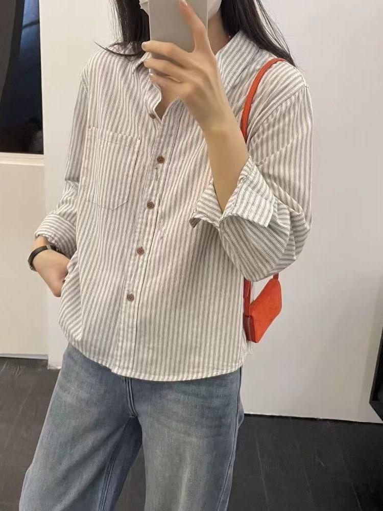 Versatile Retro Korean-Style Striped Cotton Cardigan: Artistic, Loose-Fit, Long-Sleeve Top for Spring/Autumn