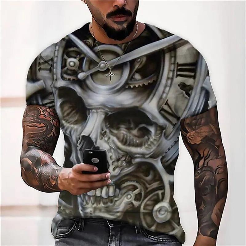 Retro elements 3D digital printed Men's T-shirt, street vintage motorcycle pattern,  loose comfortable top