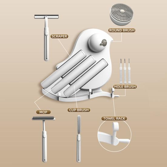 5 in 1 Bathroom Cleaning Tool Storage Rack Bird Design Wall-Mounted Organizer with 5 Cleaning Tools Bathroom Supplies