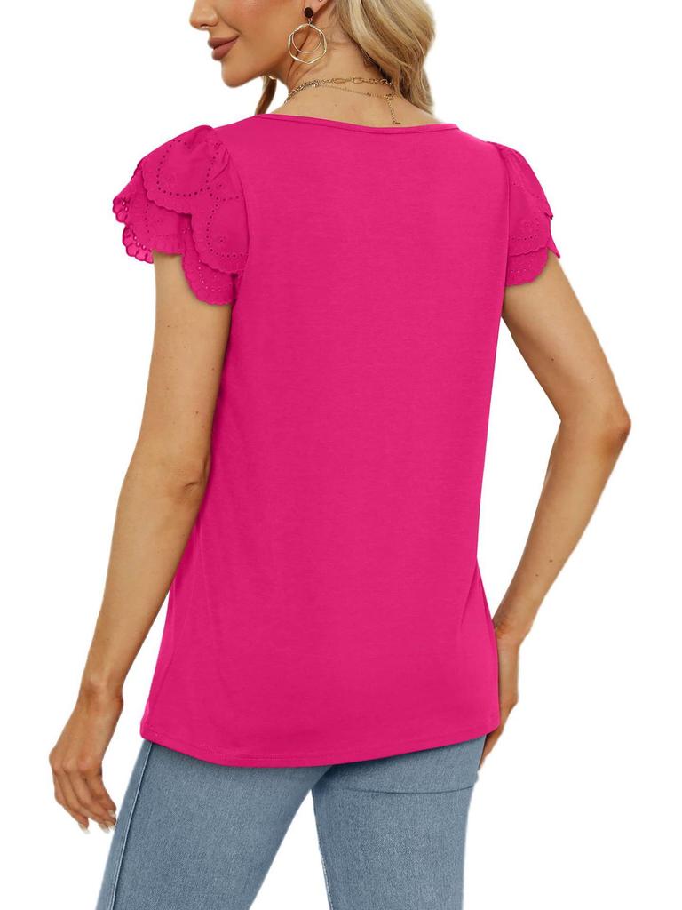 2023 Summer Women's Solid Color Loose U-Neck Lace Short Sleeve Top