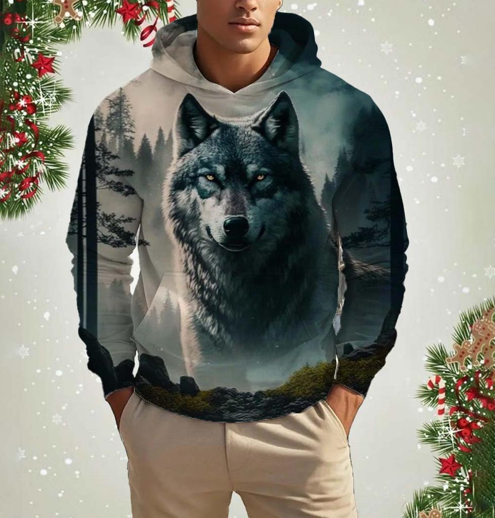Men's Hooded Fashion Animal Wolf 3D Print Hoodies Top New Autumn Fashion Casual Long Sleeved Pullover Oversized Sweatshirts