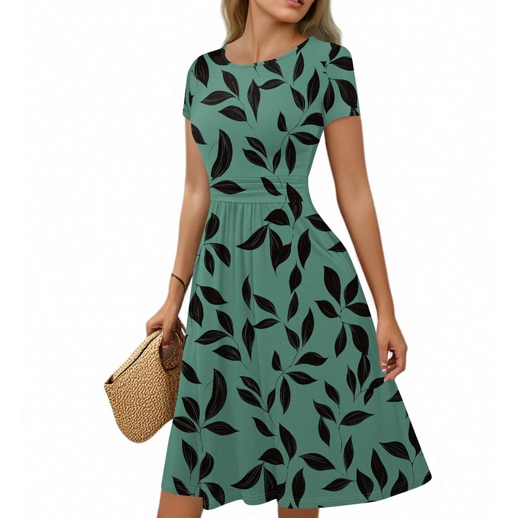 Damen Freizeitmode Rundhals Plissee Kurzarm Retro Floral A-Linie Midi Kleid