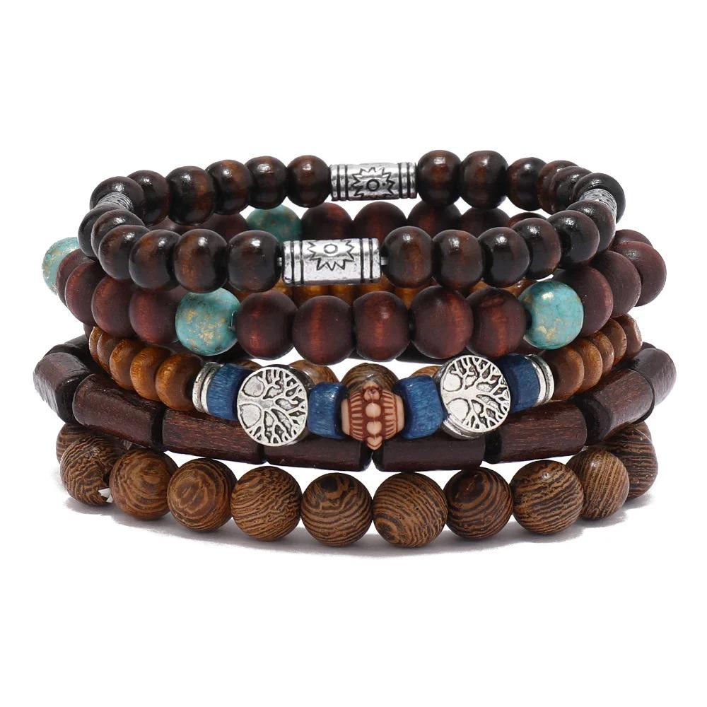 Braided Leather Bracelets for Men Vintage Life Tree Charm Wood Beads Ethnic Tribal Wristband Rope Bracelet Set
