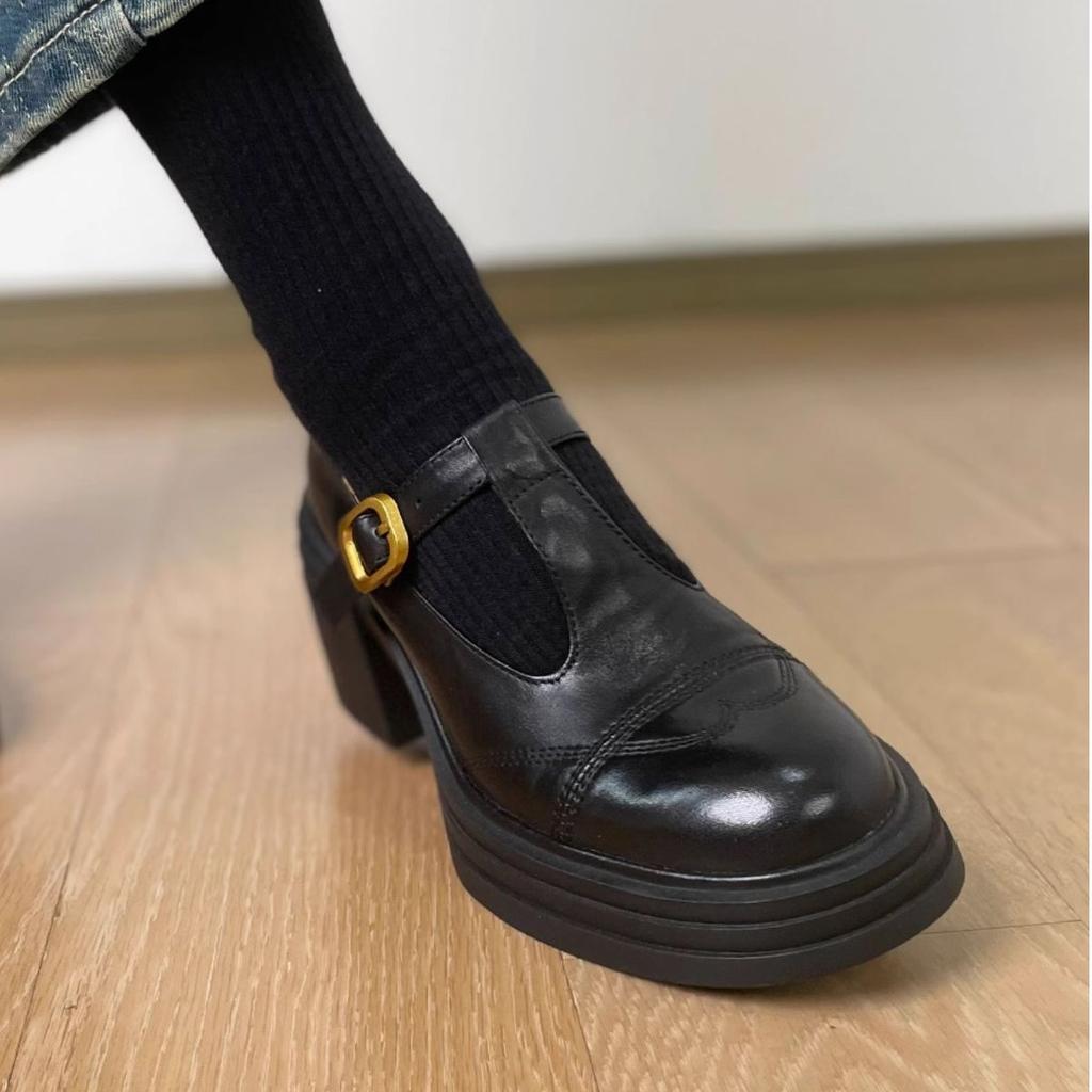 French black round head Mary Jane shoes women's spring new thick high heel thick sole heightening retro single shoes small leather shoes