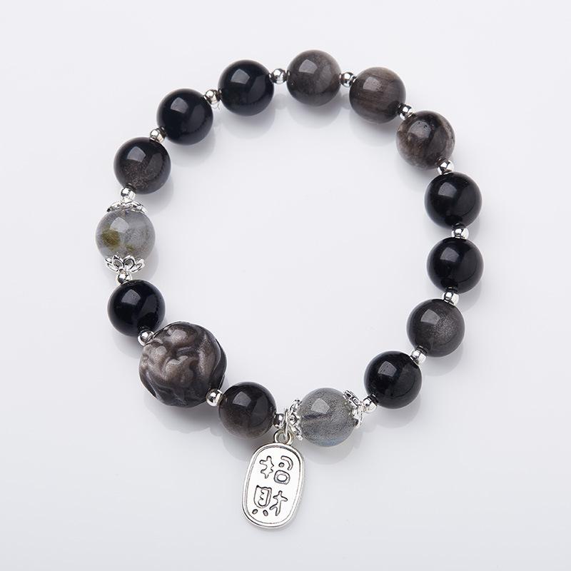 Yongxiang-style Beijing Incense Ash Glass Bracelet with Pink Porcelain Nine-tailed Fox and Gold Foil, Good Luck Bracelet, Gift for Best Friends