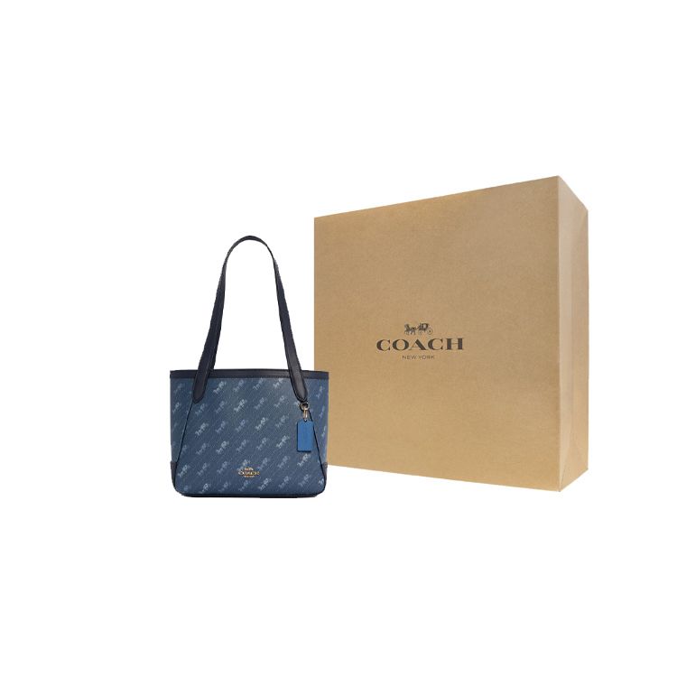 Coach 27 Carriage Print Coated Canvas And Leather Tote Bag Women Tote Bag Blue C4060-IMDEN