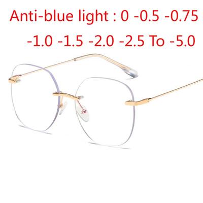 Metal Rimless Glasses Frame Women Prescription Anti-Blue Light Myopia Optical Oval Eyewear 0 -0.5 -1.0 -1.5 To -5.0