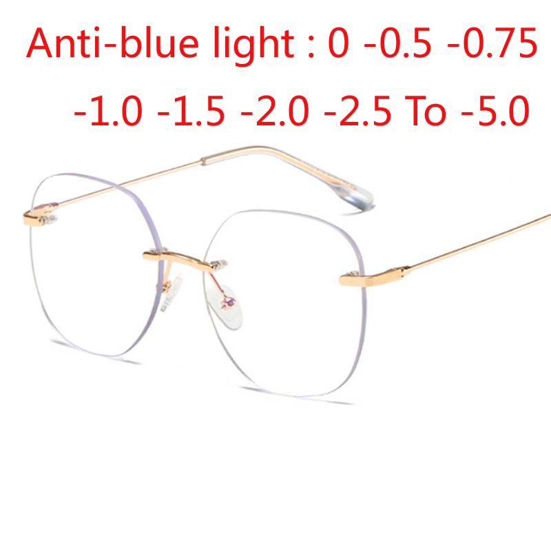 Metal Rimless Glasses Frame Women Prescription Anti-blue Light Myopia Optical Oval Eyewear 0 -0.5 -1.0 -1.5 To -5.0