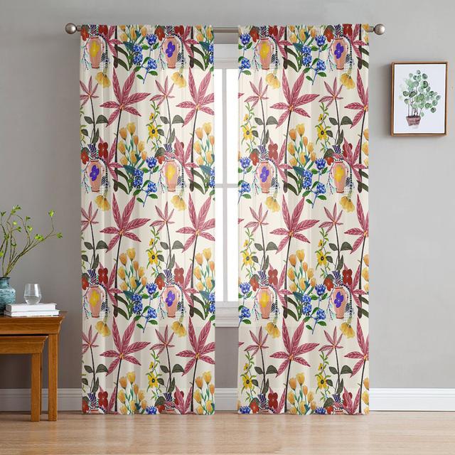Cortinas vintage de voile transparente com flor vermelha, para sala de estar, quarto, cozinha, decoração moderna, listras, transparente, janela de tule
