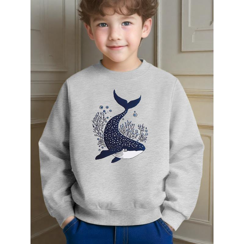 Cute Childlike Whale Printed Crew Neck Sweatshirt for Kids Daily Leisure School And Outdoor Activities
