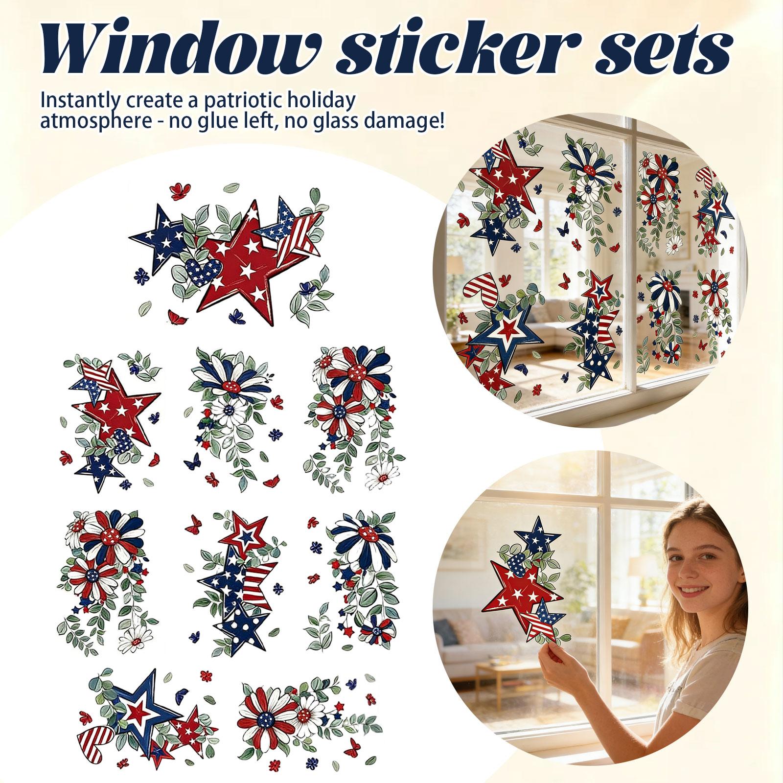 

8 Sheets Patriotic Window Clings, Window Stickers Star Flower Butterfly Hanging Vine Floral Window Decals For Independence Day One Size