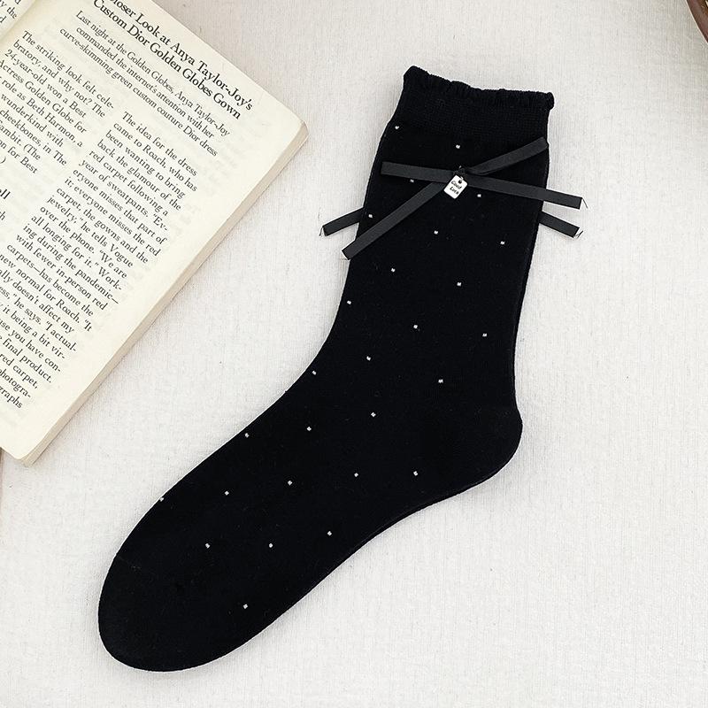 

Женские весенние носки из хлопка с бантом и кружевом, дышащие, для балета и ветра 1 pair чёрный