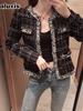 Autumn Winter Small Shoulder Bag Style Vintage Round Neck Knit Chunky Tweed Short Jacket Women Casual Blazer Trendy