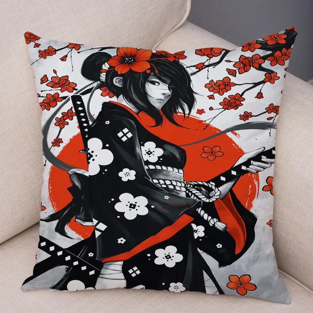 Japan Style Ink Warrior Cushion Cover for Sofa Home Double Print Decor Beautiful Scenery Girl Pillowcase Soft Plush Pillow Case