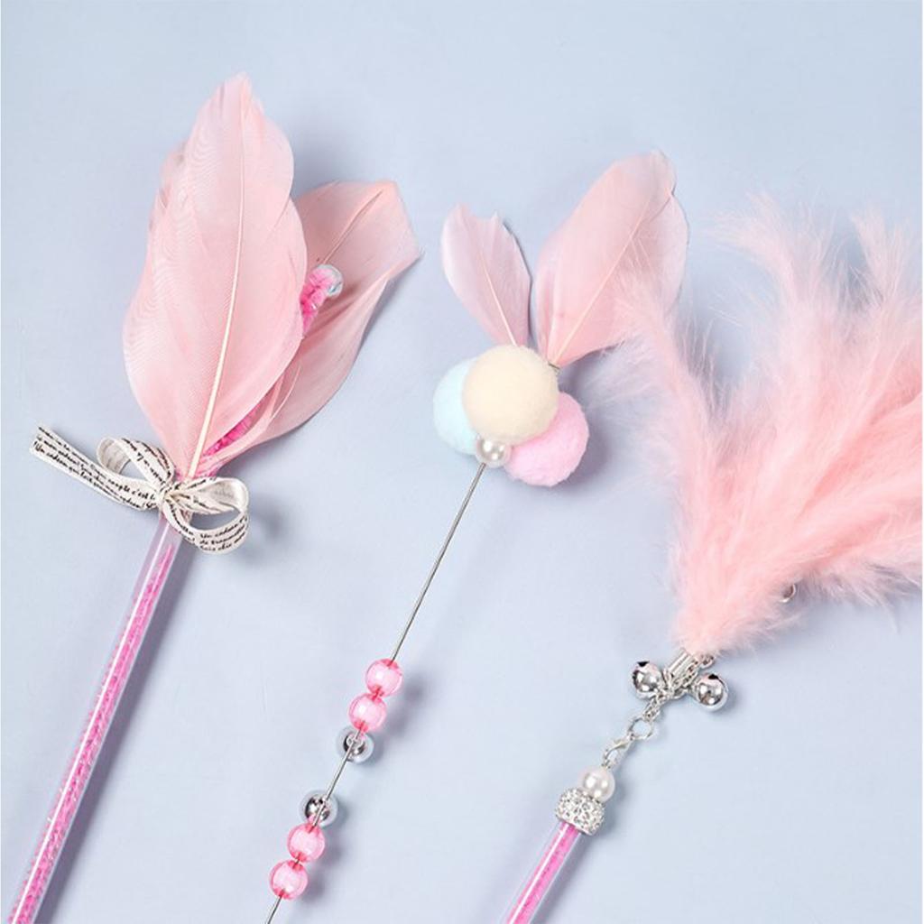 3Pcs Cat Teaser Wand Interactive Cat Feather Toy with Bell for Cat Kitten Playing Pink