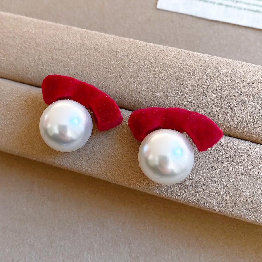 Retro Flocking Bow Pearl Earrings Light Luxury Stud Earrings Temperament Earrings