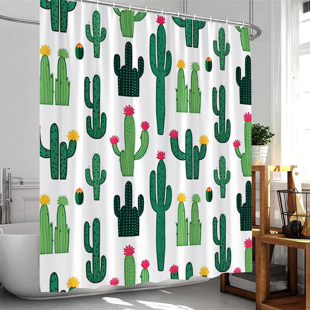 Mexican Style Shower Curtains Cartoon Tropical Plants Cactus Bathroom Decor Polyester Fabric Bath Curtain with Hooks Washable
