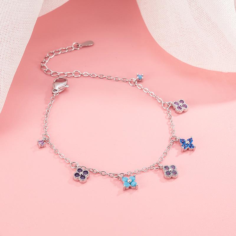 Elegant Colorful Four-Leaf Clover Rhinestone Bracelet and Anklet for Women - Light Luxury Niche Design Copper