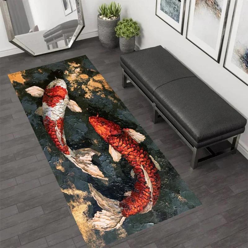Vibrant Koi Fish Pond Runner Area Rug Carpet, Non Slip Floor Mat, Colorful Lotus Water Print Washable Kitchen Rug Long Runner