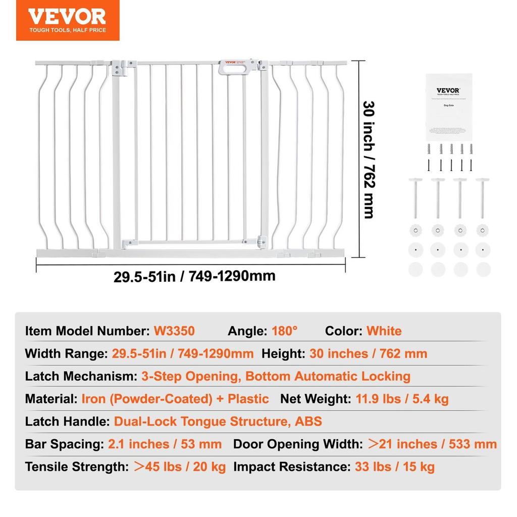 Baby Gate, 29.5"-53" Extra Wide, 30" High, Dog Gate for Stairs Doorways and House, Easy Step Walk Thru Auto Close Child Gate Pet Security Gate with