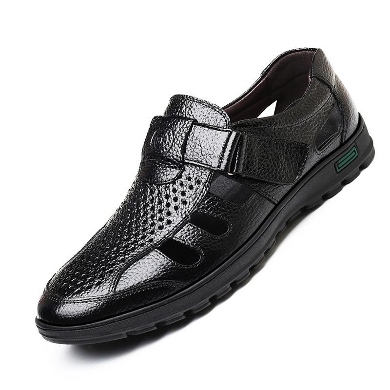 Genuine Leather Middle Aged Sandals Sandals Summer Outdoor Handmade Sandals Fashion Comfortable Men Beach Hollow Leather Shoes